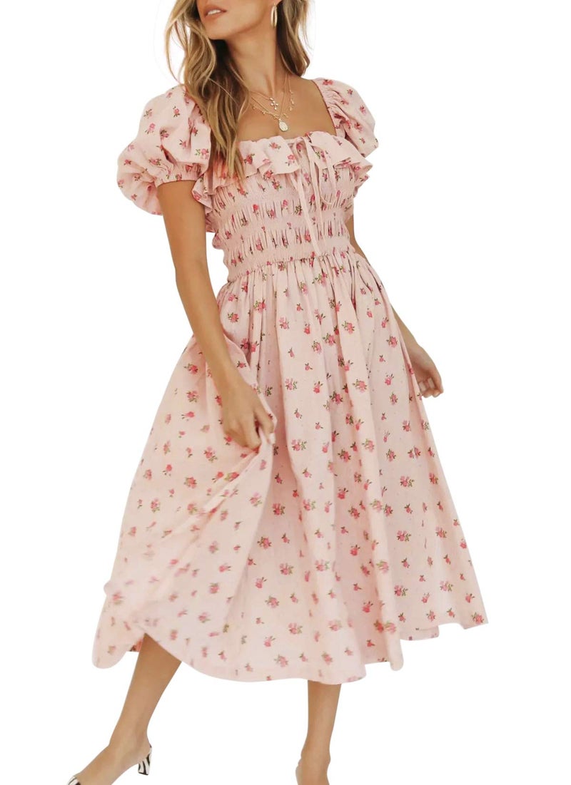 R.Vivimos Womens Summer Floral Print Puff Sleeves Vintage Ruffles Midi Dress (Large, Pink) - Image 1